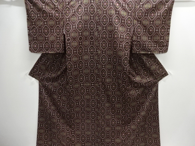 JAPANESE KIMONO / UNUSED NISHIJIN DENSHO TSUMUGI / WOVEN GRID & FLOWER 